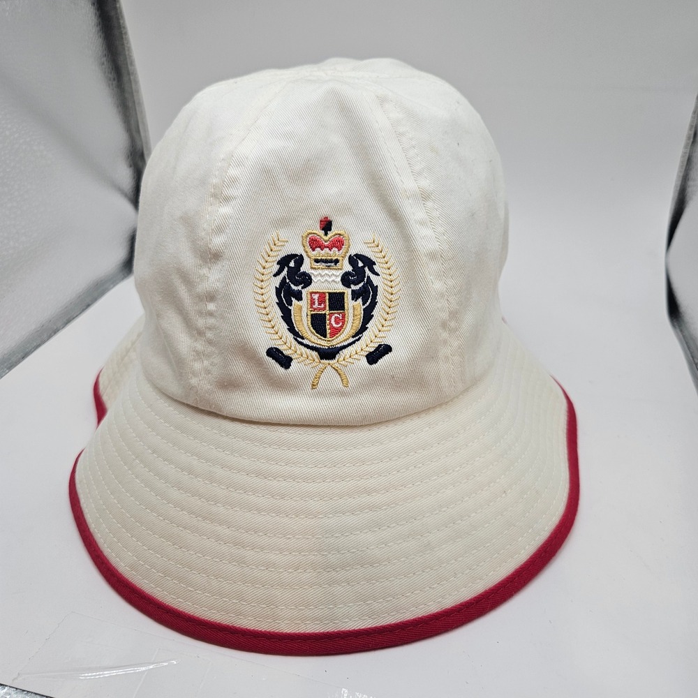 Vintage 1991 Liz Claiborne White Bucket Hat Red Trim Embroidered Crest Logo